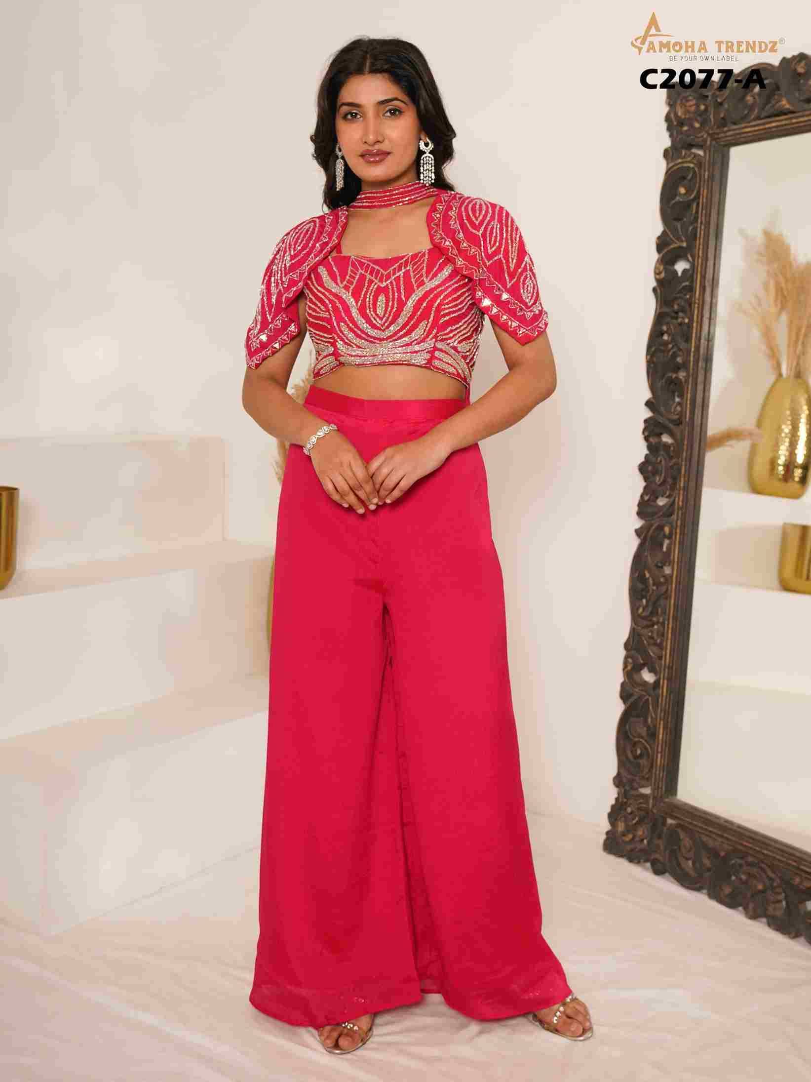 C-2077 By Amoha Trendz 2077-A To 2077-D Series Designer Stylish Fancy Colorful Beautiful Party Wear & Ethnic Wear Collection Chinnon Tops With Bottom And Jacket At Wholesale Price