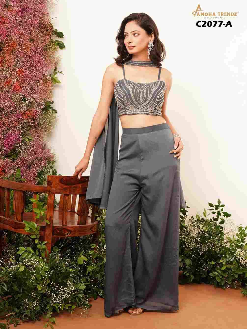 C-2077 By Amoha Trendz 2077-A To 2077-D Series Designer Stylish Fancy Colorful Beautiful Party Wear & Ethnic Wear Collection Chinnon Tops With Bottom And Jacket At Wholesale Price