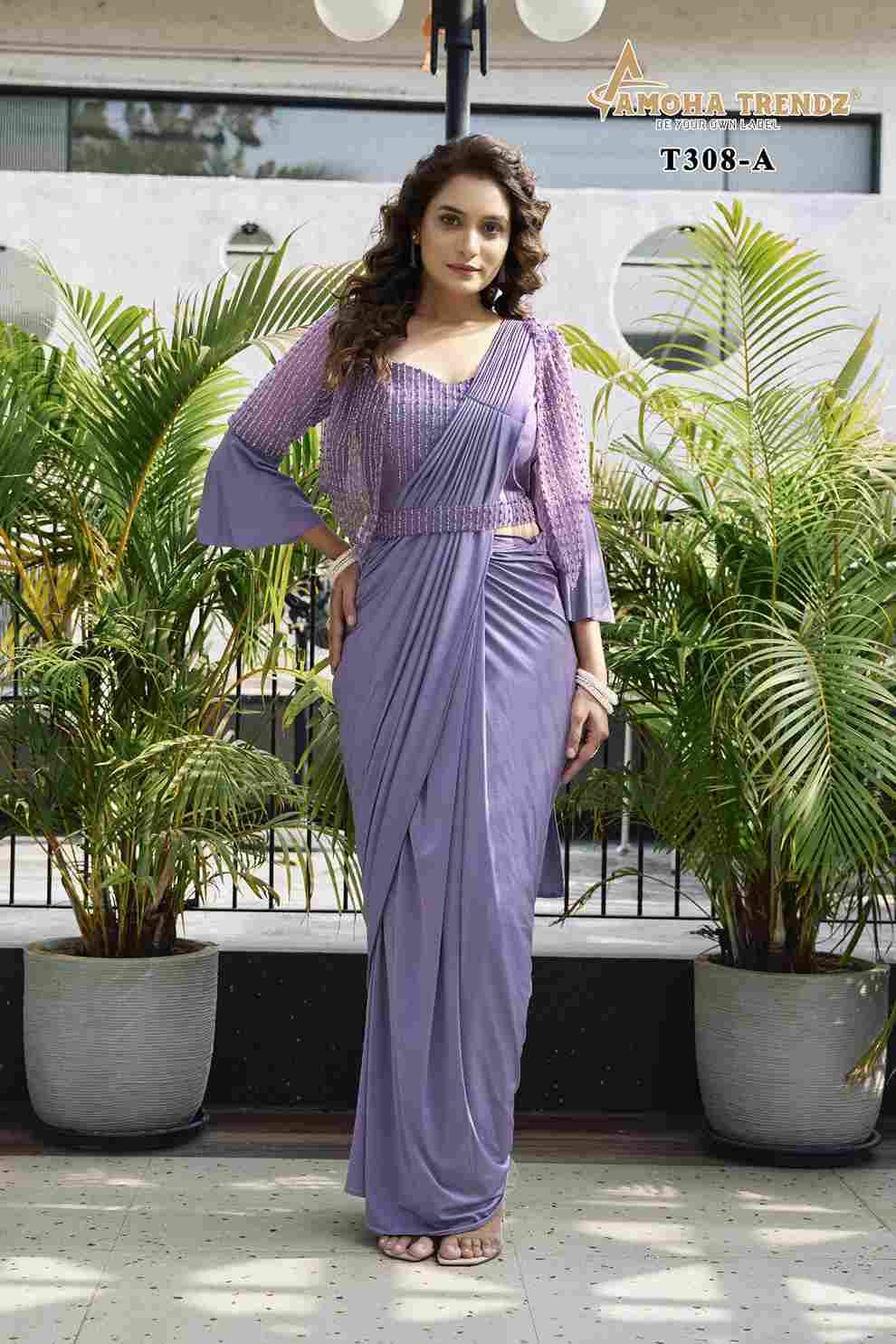 T-308 By Amoha Trendz 308-A To 308-B Series Indian Traditional Wear Collection Beautiful Stylish Fancy Colorful Party Wear & Occasional Wear Pure Crystal Lycra Sarees At Wholesale Price