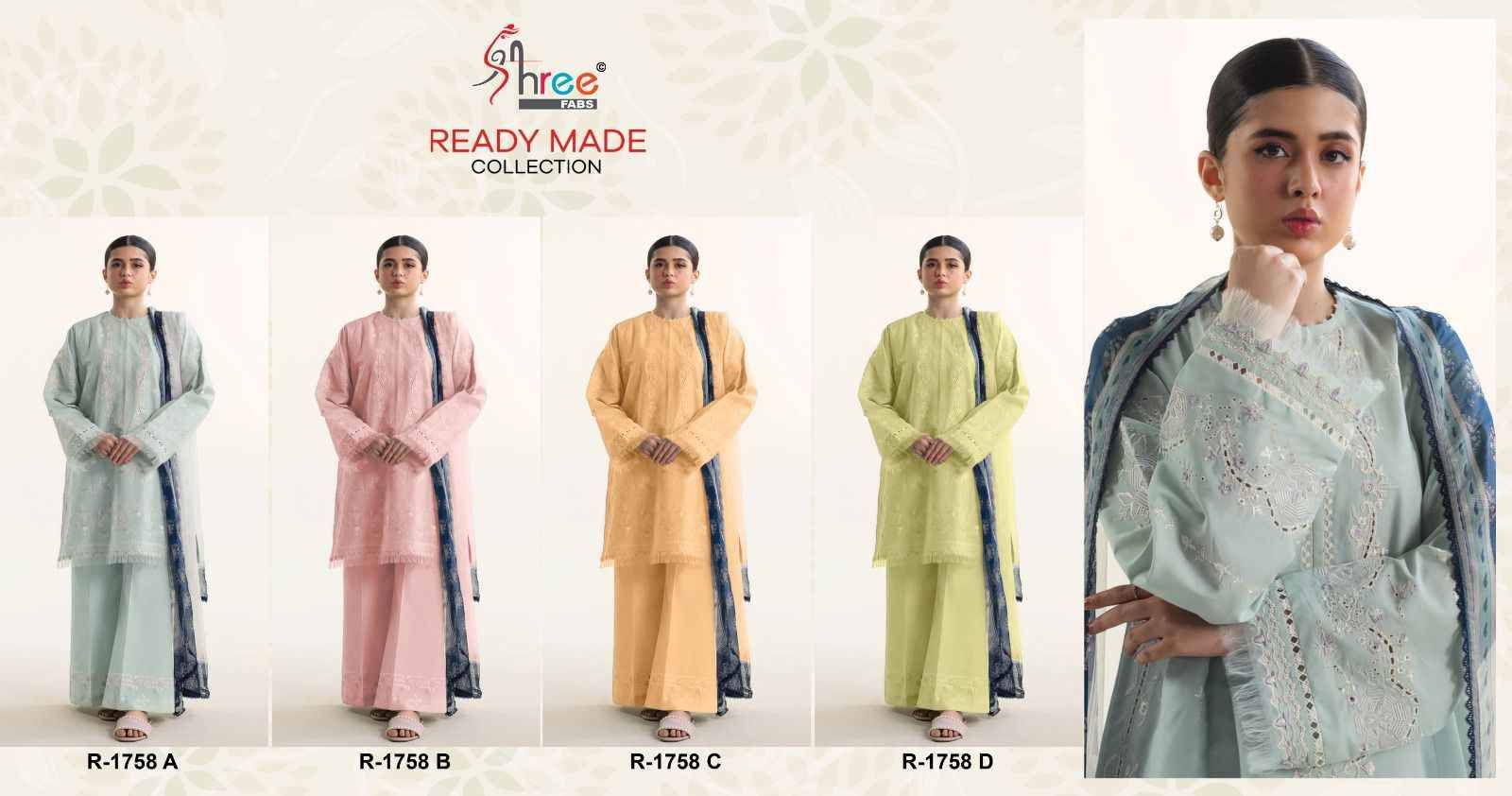 Shree Fabs Hit Design R-1758 Colours By Shree Fabs R-1758-A To R-1758-D Series Beautiful Stylish Suits Fancy Colorful Casual Wear & Ethnic Wear & Ready To Wear Cambric Cotton Dresses At Wholesale Price