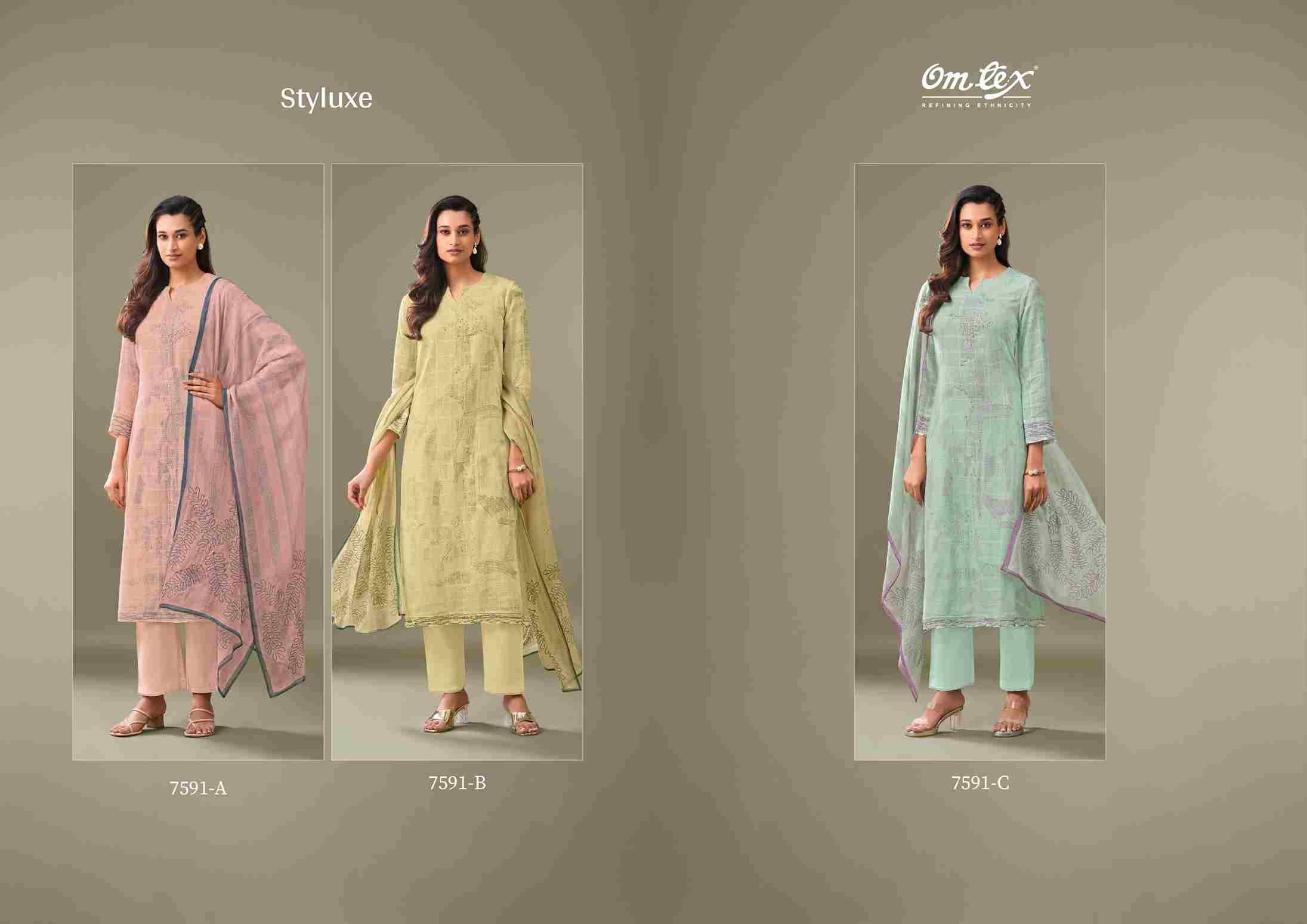 Styluxe By Om Tex 7591-A To 7591-C Series Beautiful Suits Stylish Fancy Colorful Party Wear & Ethnic Wear Linen Cotton Dresses At Wholesale Price
