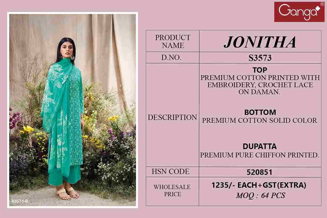 Jonitha-3573 By Ganga Fashion 3573-A To 3573-D Series Beautiful Festive Suits Colorful Stylish Fancy Casual Wear & Ethnic Wear Pure Cotton Dresses At Wholesale Price