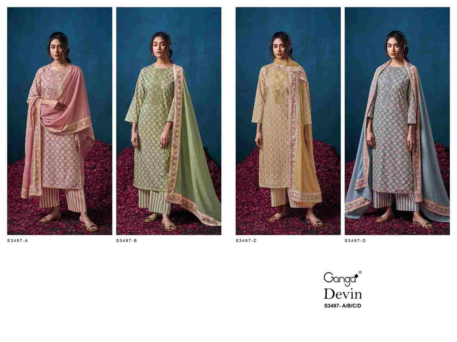 Devin-3497 By Ganga Fashion 3497-A To 3497-D Series Beautiful Festive Suits Colorful Stylish Fancy Casual Wear & Ethnic Wear Pure Cotton Dresses At Wholesale Price