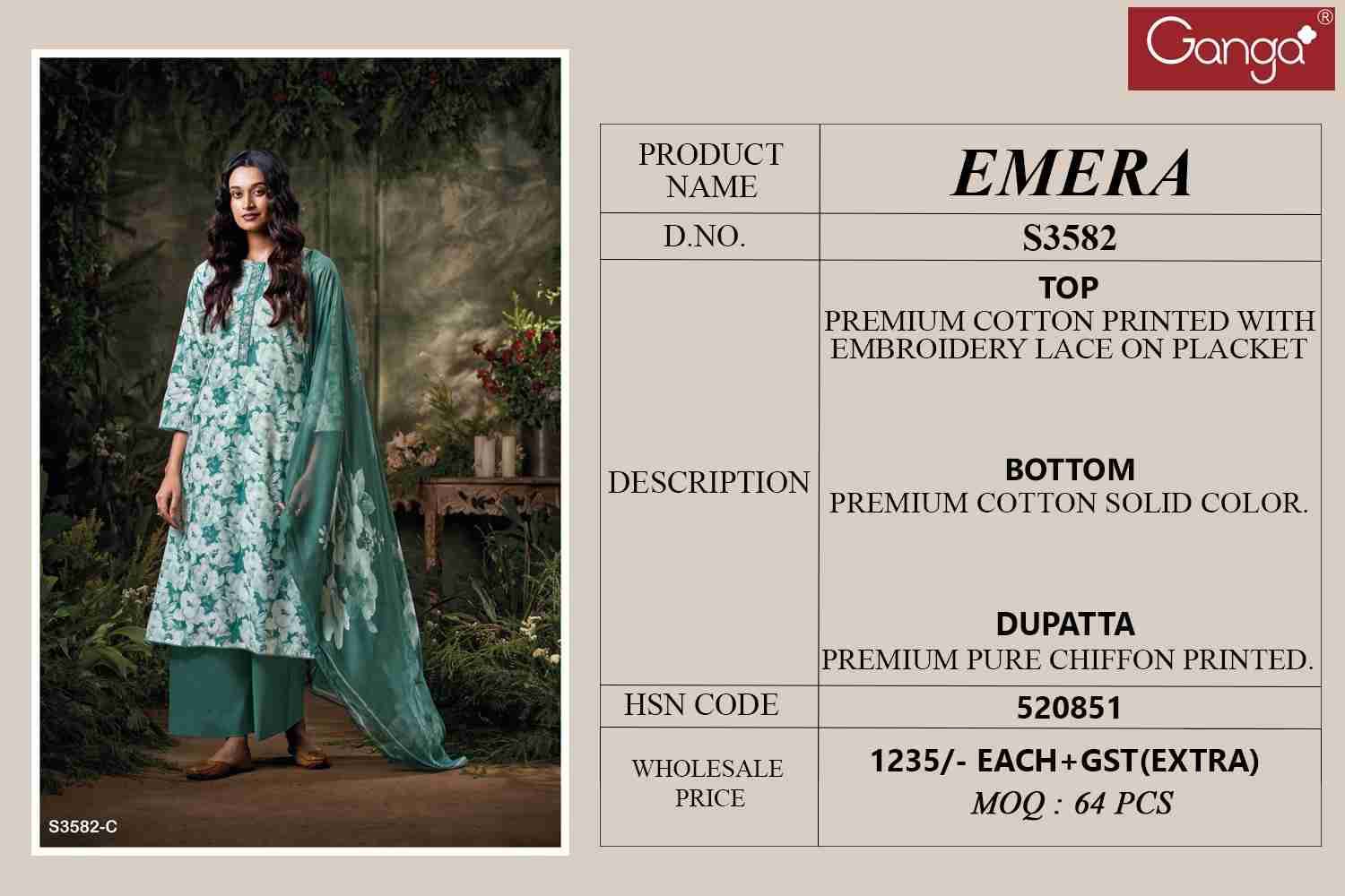 Emera-3582 By Ganga Fashion 3582-A To 3582-D Series Beautiful Festive Suits Colorful Stylish Fancy Casual Wear & Ethnic Wear Pure Cotton Dresses At Wholesale Price