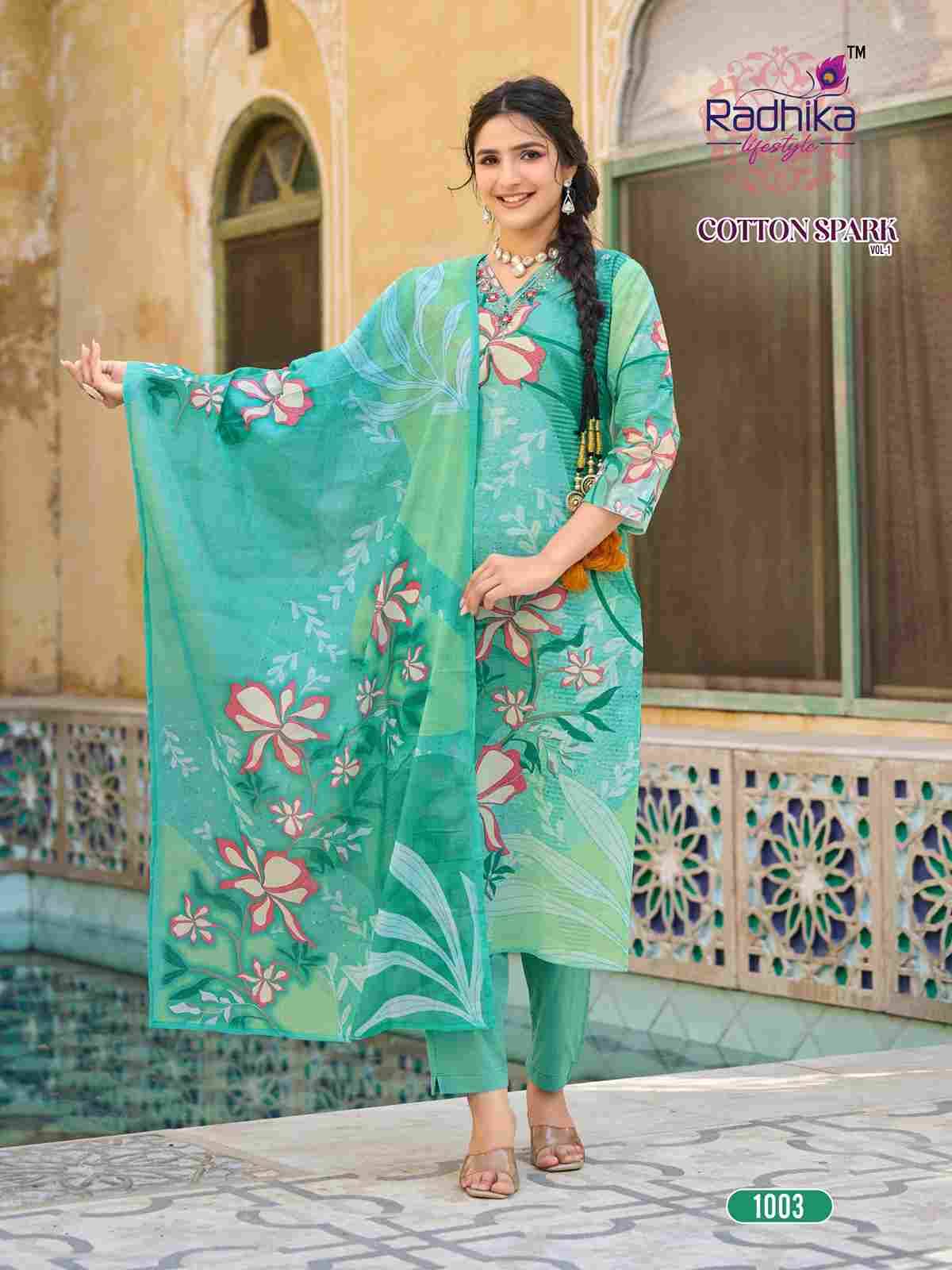 Cotton Spark Vol-1 By Radhika Lifestyle 1001 To 1008 Series Beautiful Stylish Festive Suits Fancy Colorful Casual Wear & Ethnic Wear & Ready To Wear Cotton Print Dresses At Wholesale Price