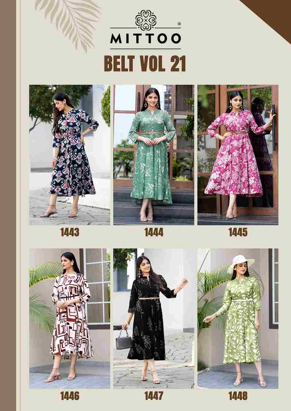 Belt Vol-21 By Mittoo 1443 To 1448 Series Designer Stylish Fancy Colorful Beautiful Party Wear & Ethnic Wear Collection Rayon Print Kurtis At Wholesale Price