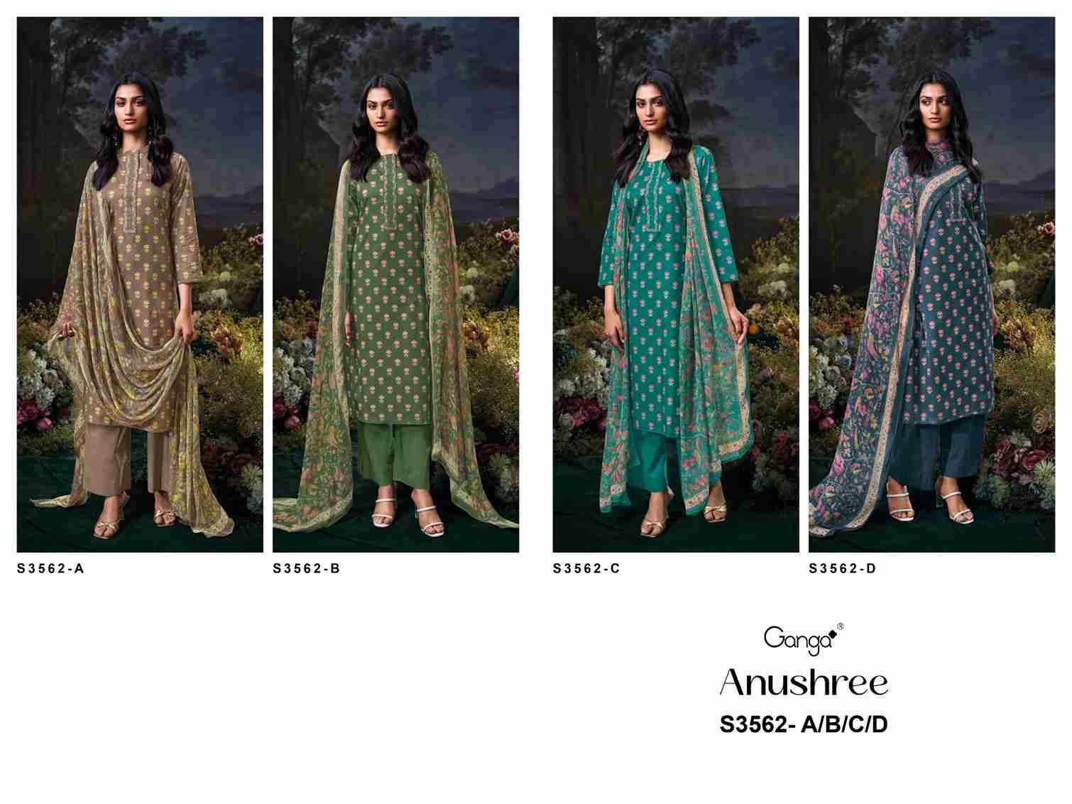 Anushree-3562 By Ganga Fashion 3562-A To 3562-D Series Beautiful Festive Suits Colorful Stylish Fancy Casual Wear & Ethnic Wear Pure Cotton Dresses At Wholesale Price