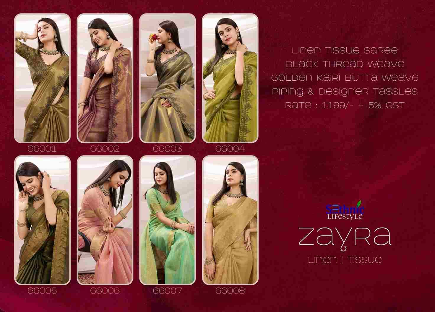 Zayra By Sethnic 66001 To 66008 Series Indian Traditional Wear Collection Beautiful Stylish Fancy Colorful Party Wear & Occasional Wear Linen Tissue Sarees At Wholesale Price