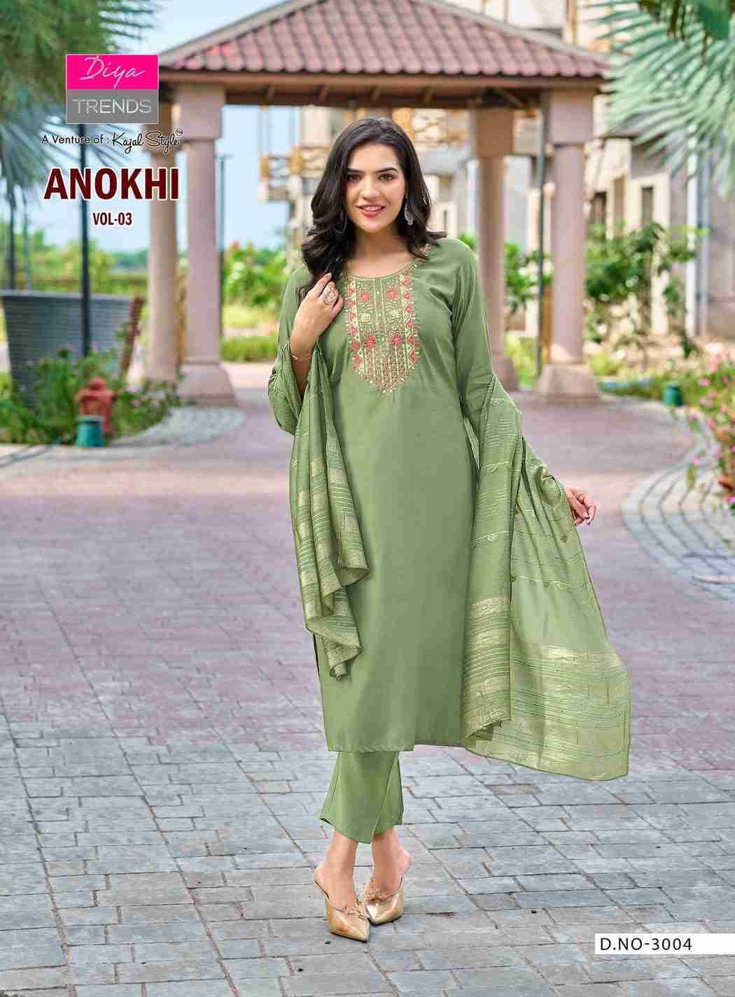 Anokhi Vol-3 By Diya Trends 3001 To 3008 Series Designer Festive Suits Collection Beautiful Stylish Fancy Colorful Party Wear & Occasional Wear Roman Silk Dresses At Wholesale Price