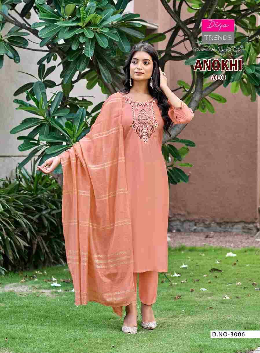 Anokhi Vol-3 By Diya Trends 3001 To 3008 Series Designer Festive Suits Collection Beautiful Stylish Fancy Colorful Party Wear & Occasional Wear Roman Silk Dresses At Wholesale Price