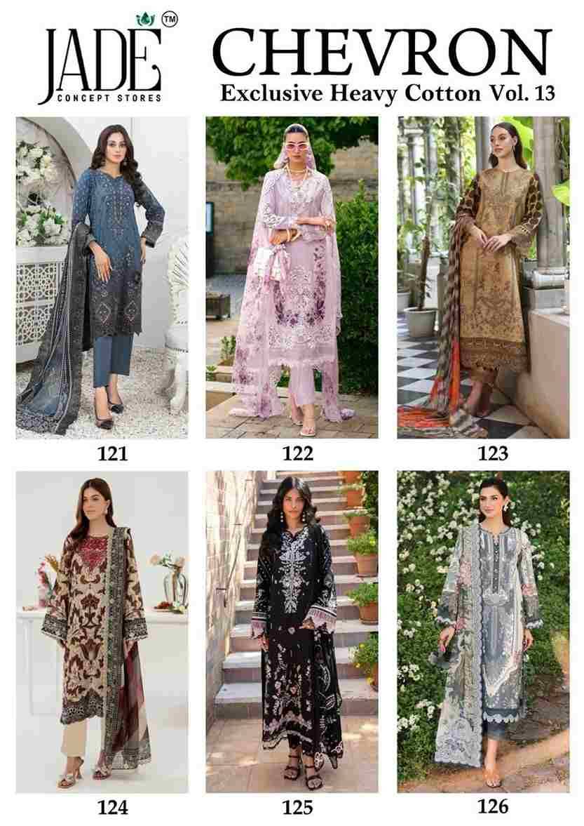 Chevron Vol-13 By Jade 121 To 126 Series Beautiful Festive Suits Colorful Stylish Fancy Casual Wear & Ethnic Wear Pure Lawn Cotton Embroidered Dresses At Wholesale Price