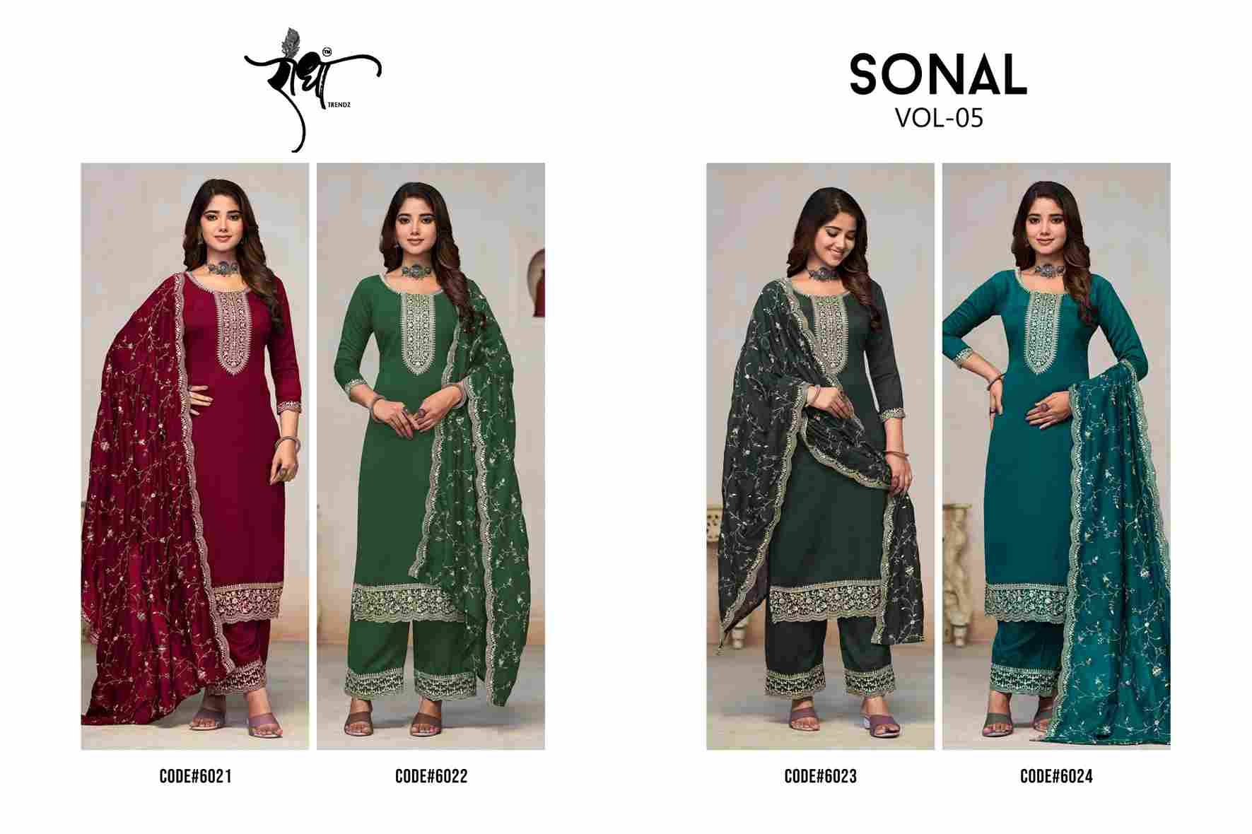 Sonal Vol-5 By Radha Trendz 6021 To 6024 Series Designer Festive Suits Collection Beautiful Stylish Fancy Colorful Party Wear & Occasional Wear Pure Vichitra Dresses At Wholesale Price