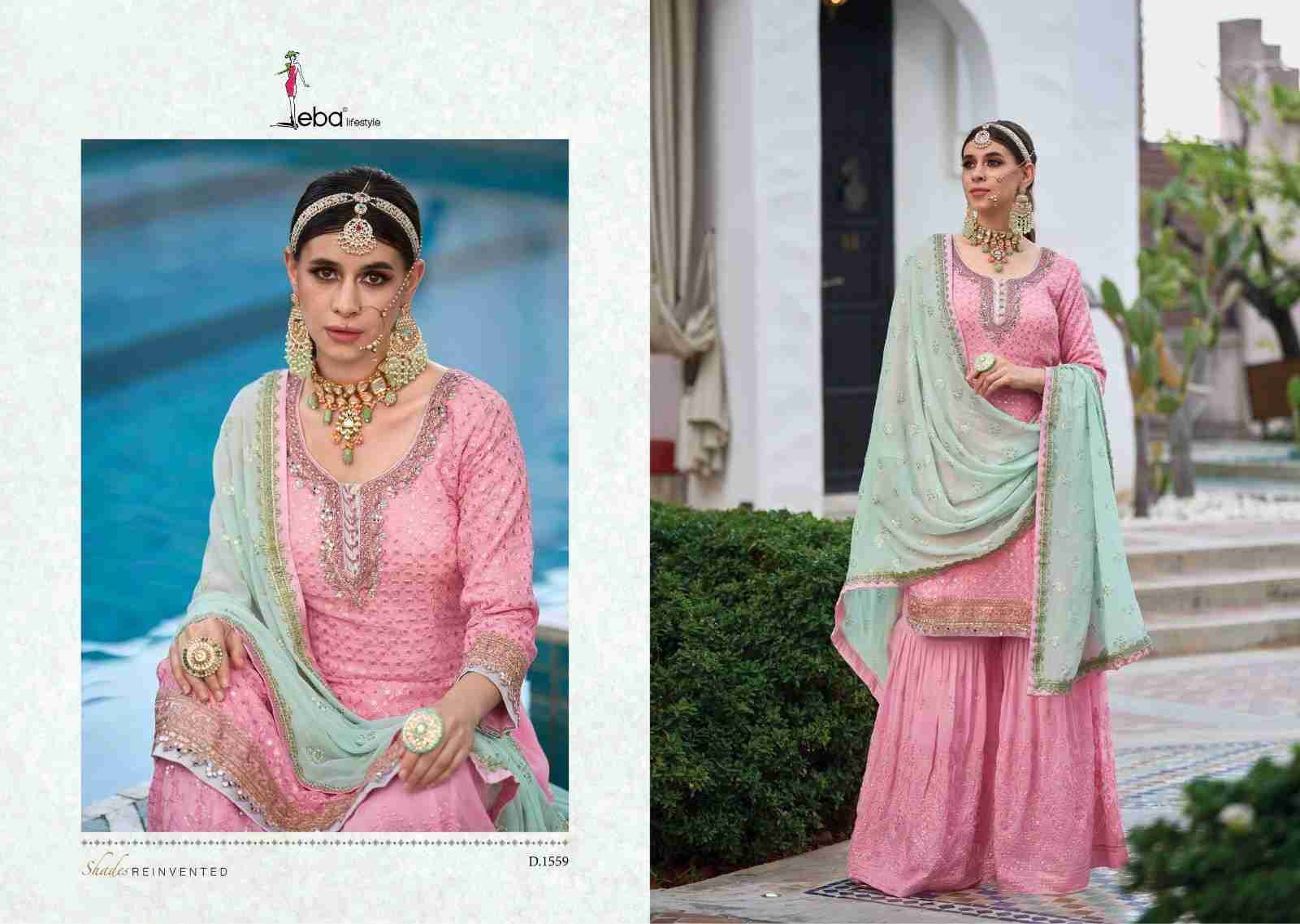 Armani Vol-4 By Eba Lifestyle 1559 To 1560 Series Designer Sharara Suits Collection Beautiful Stylish Fancy Colorful Party Wear & Occasional Wear Faux Georgette Dresses At Wholesale Price