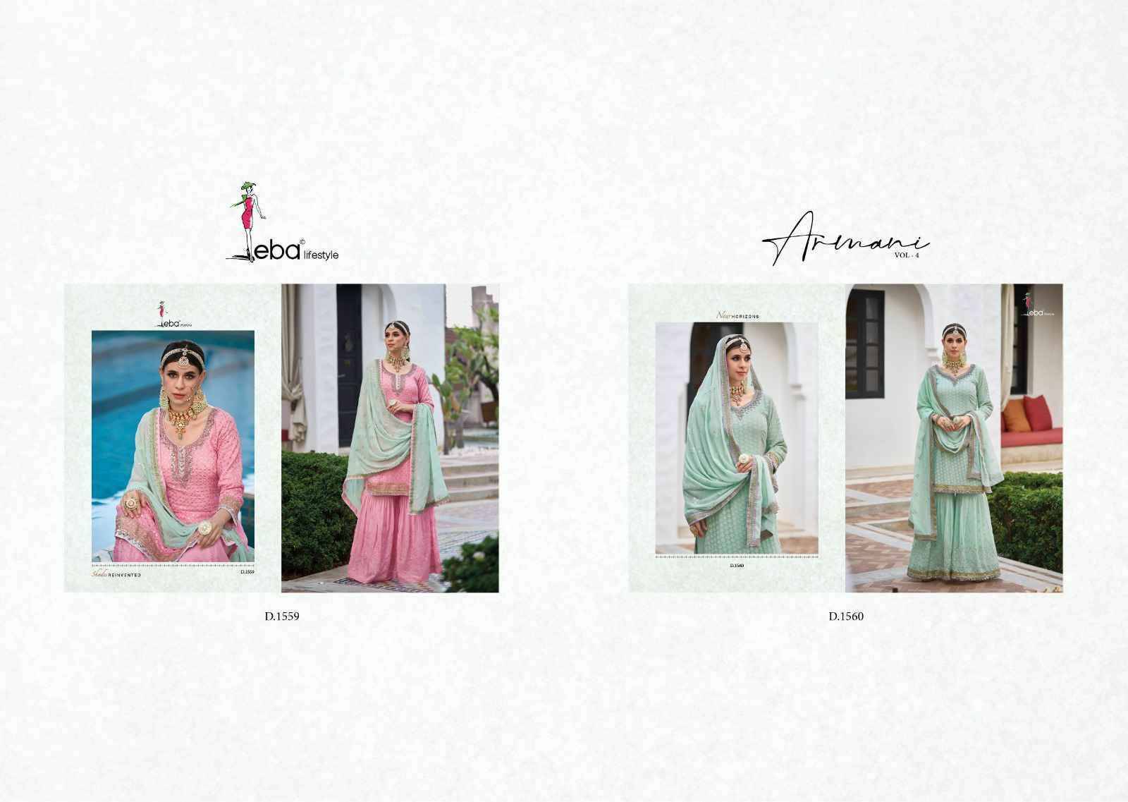 Armani Vol-4 By Eba Lifestyle 1559 To 1560 Series Designer Sharara Suits Collection Beautiful Stylish Fancy Colorful Party Wear & Occasional Wear Faux Georgette Dresses At Wholesale Price