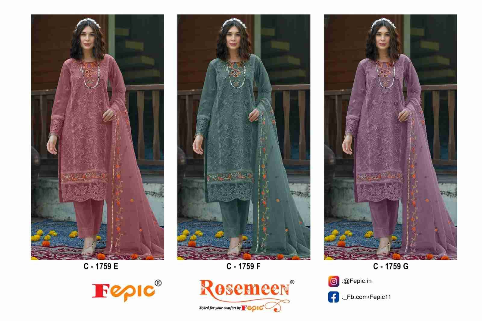 Fepic 1759 Colours Vol-2 By Fepic 1759-E To 1759-G Series Beautiful Pakistani Suits Colorful Stylish Fancy Casual Wear & Ethnic Wear Organza Embroidered Dresses At Wholesale Price