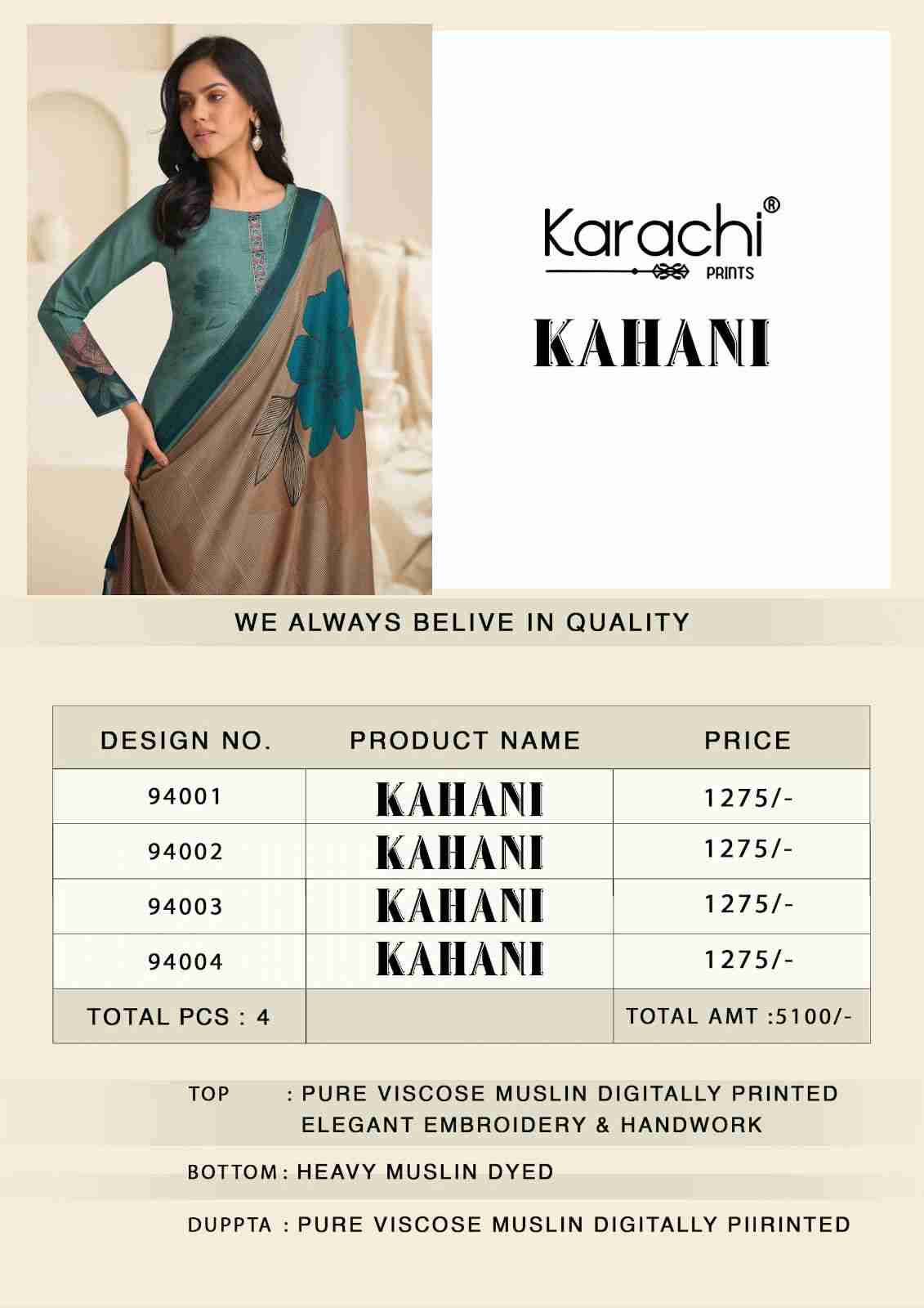 Kahani By Karachi Prints 94001 To 94004 Series Festive Suits Beautiful Fancy Colorful Stylish Party Wear & Occasional Wear Pure Viscose Muslin Dresses At Wholesale Price