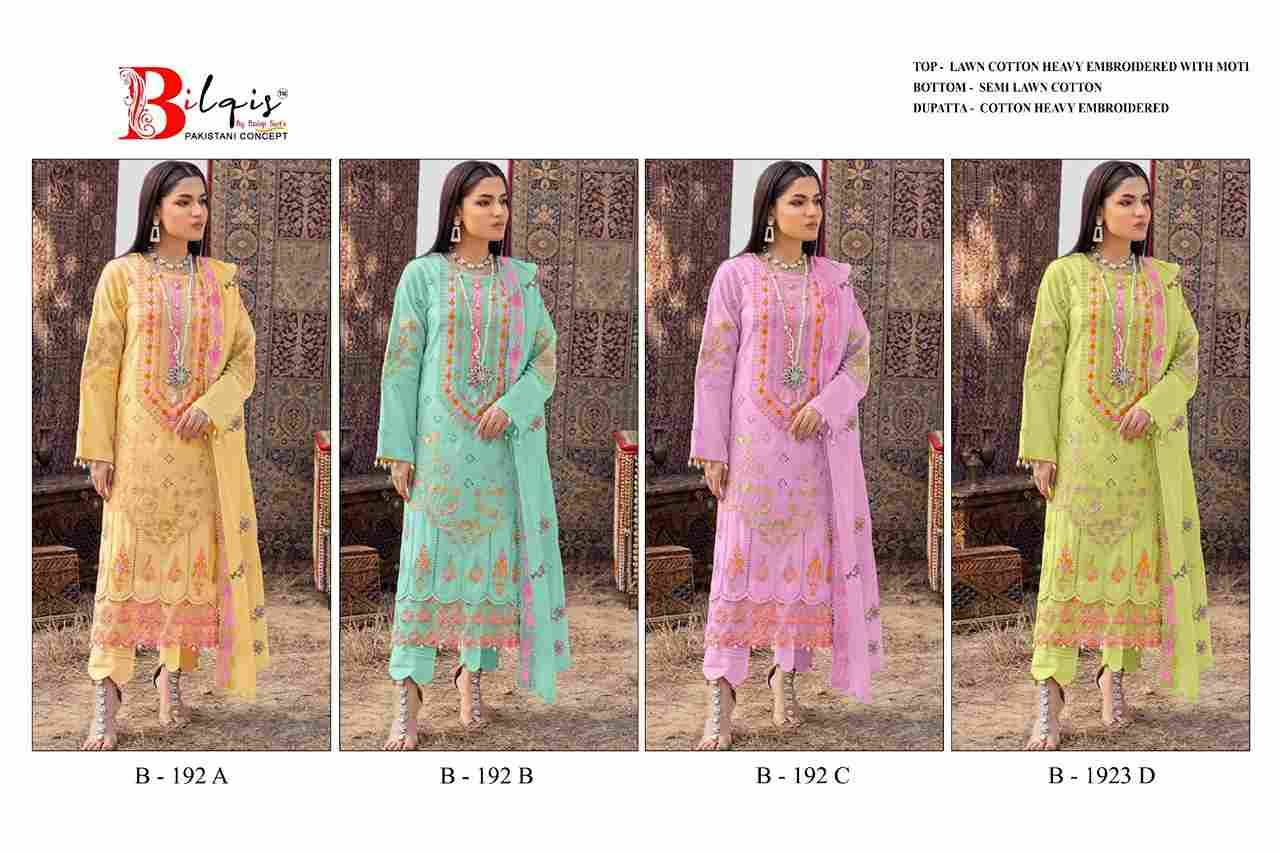 Bilqis 192 Colours By Bilqis 192-A To 192-D Series Beautiful Pakistani Suits Stylish Fancy Colorful Party Wear & Occasional Wear Cotton Lawn Embroidery Dresses At Wholesale Price