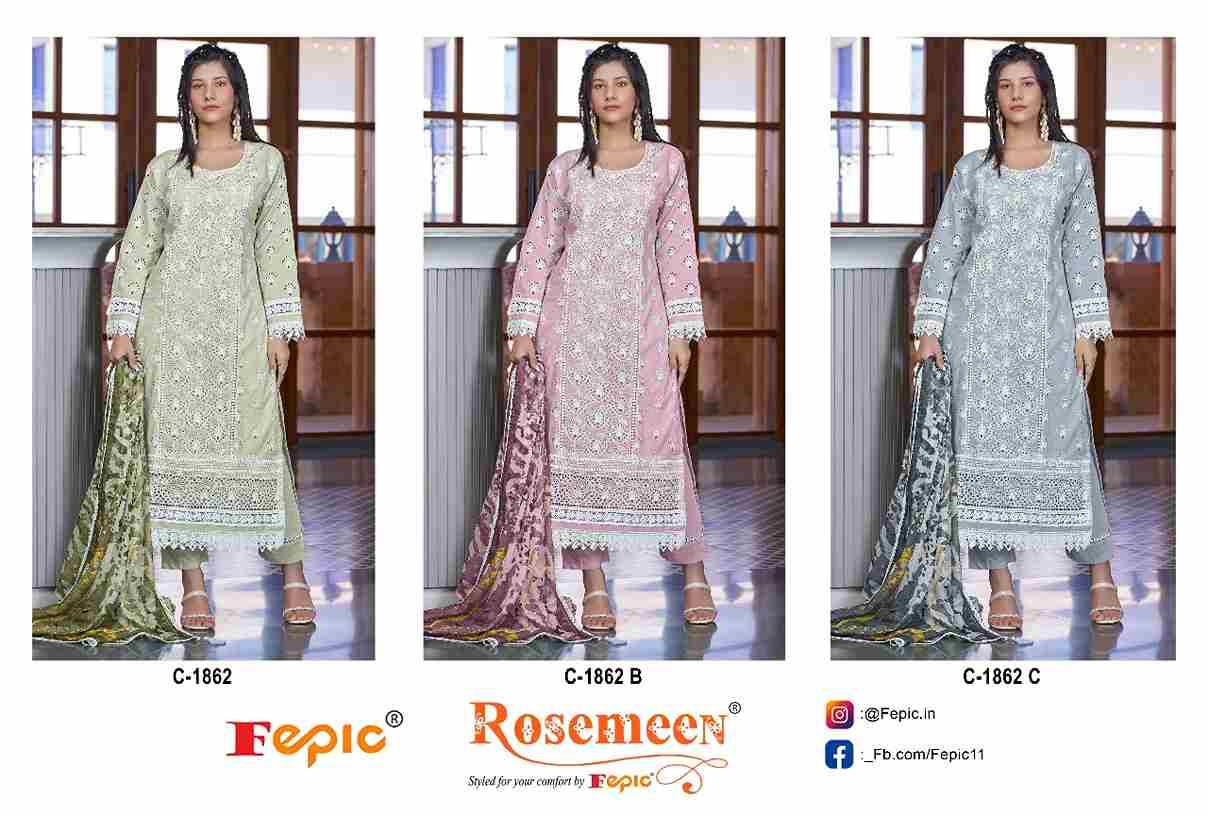 Fepic 1862 Colours By Fepic 1862-A To 1862-C Series Beautiful Pakistani Suits Colorful Stylish Fancy Casual Wear & Ethnic Wear Cambric Cotton Embroidered Dresses At Wholesale Price