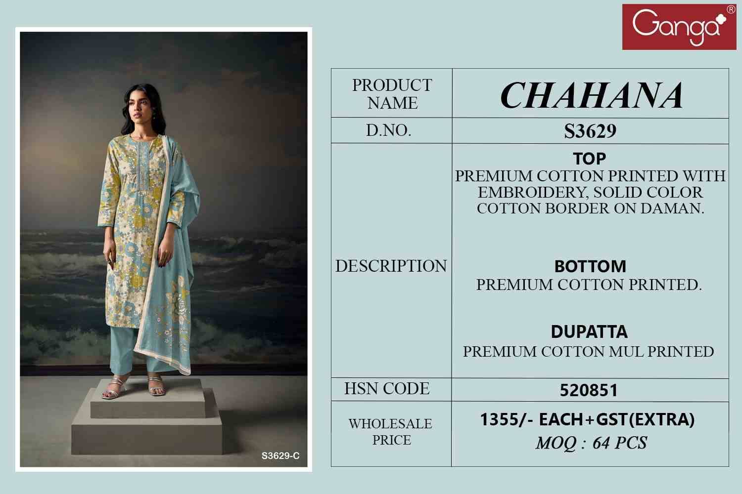 Chahana-3629 By Ganga Fashion 3629-A To 3629-D Series Beautiful Festive Suits Colorful Stylish Fancy Casual Wear & Ethnic Wear Pure Cotton Dresses At Wholesale Price