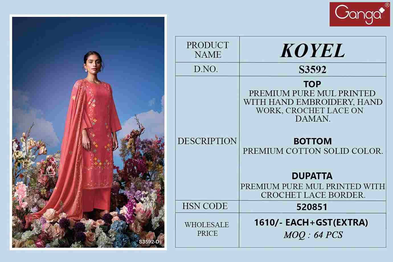 Koyel-3592 By Ganga Fashion 3592-A To 3592-D Series Beautiful Festive Suits Colorful Stylish Fancy Casual Wear & Ethnic Wear Pure Mal Dresses At Wholesale Price