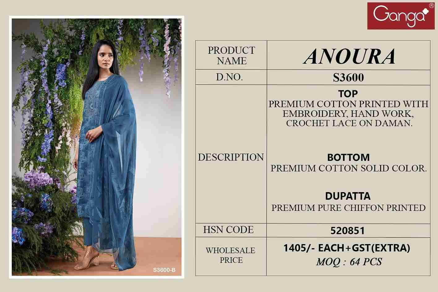 Anoura-3600 By Ganga Fashion 3600-A To 3600-B Series Beautiful Festive Suits Colorful Stylish Fancy Casual Wear & Ethnic Wear Pure Cotton Dresses At Wholesale Price