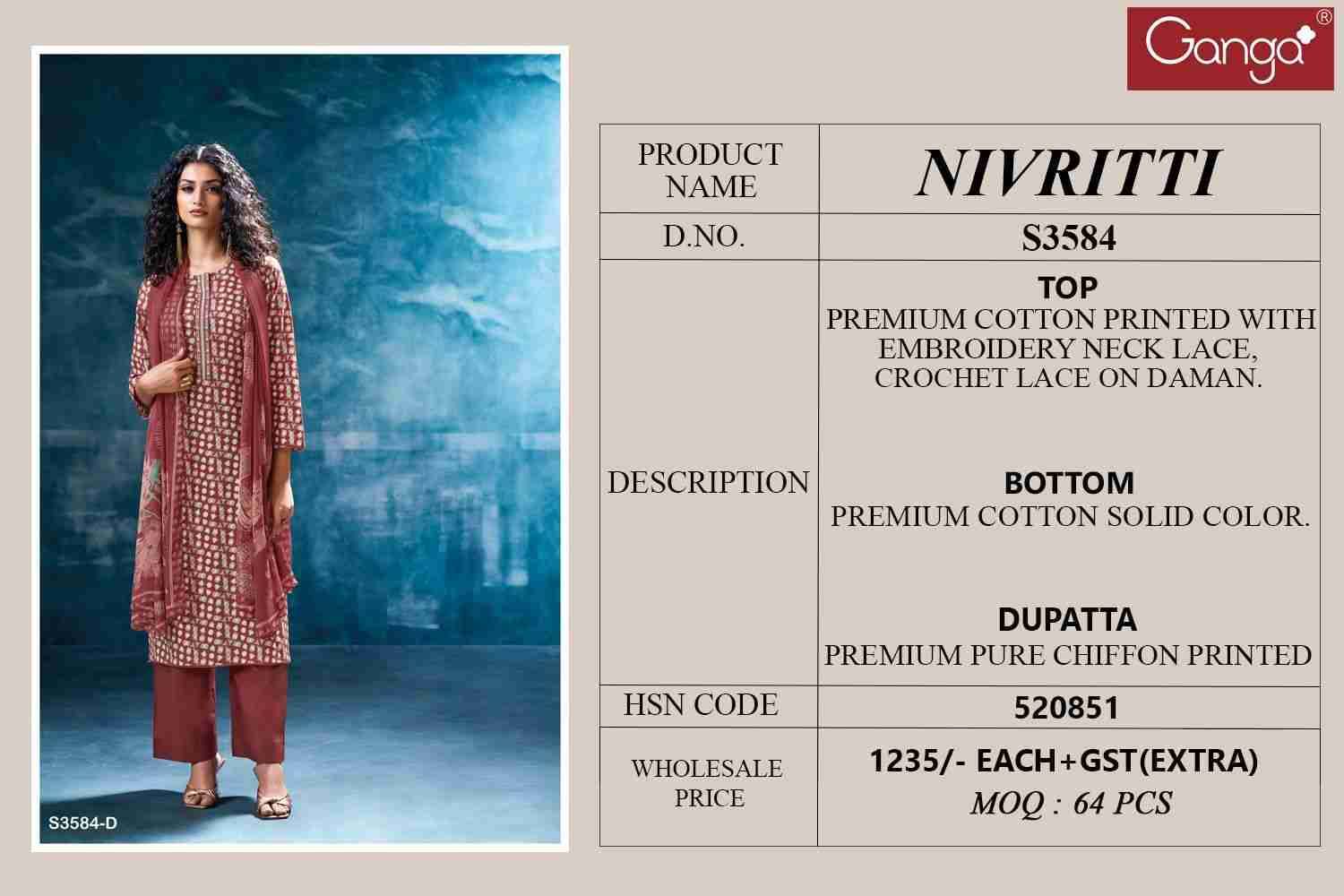 Nivritti-3584 By Ganga Fashion 3584-A To 3584-D Series Beautiful Festive Suits Colorful Stylish Fancy Casual Wear & Ethnic Wear Pure Cotton Dresses At Wholesale Price