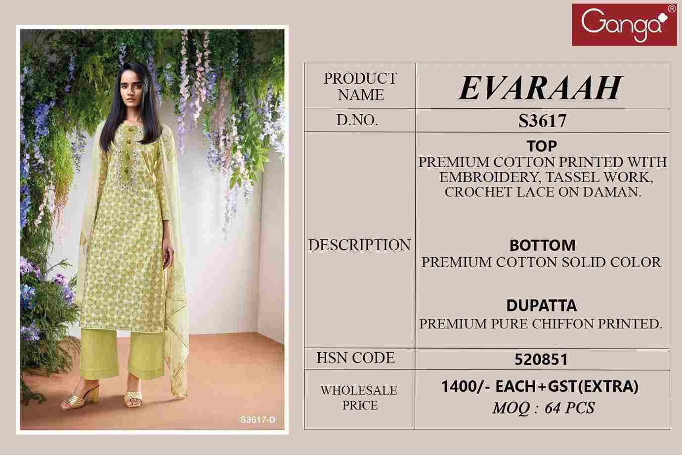 Evaraah-3617 By Ganga Fashion 3617-A To 3617-D Series Beautiful Festive Suits Colorful Stylish Fancy Casual Wear & Ethnic Wear Pure Cotton Dresses At Wholesale Price