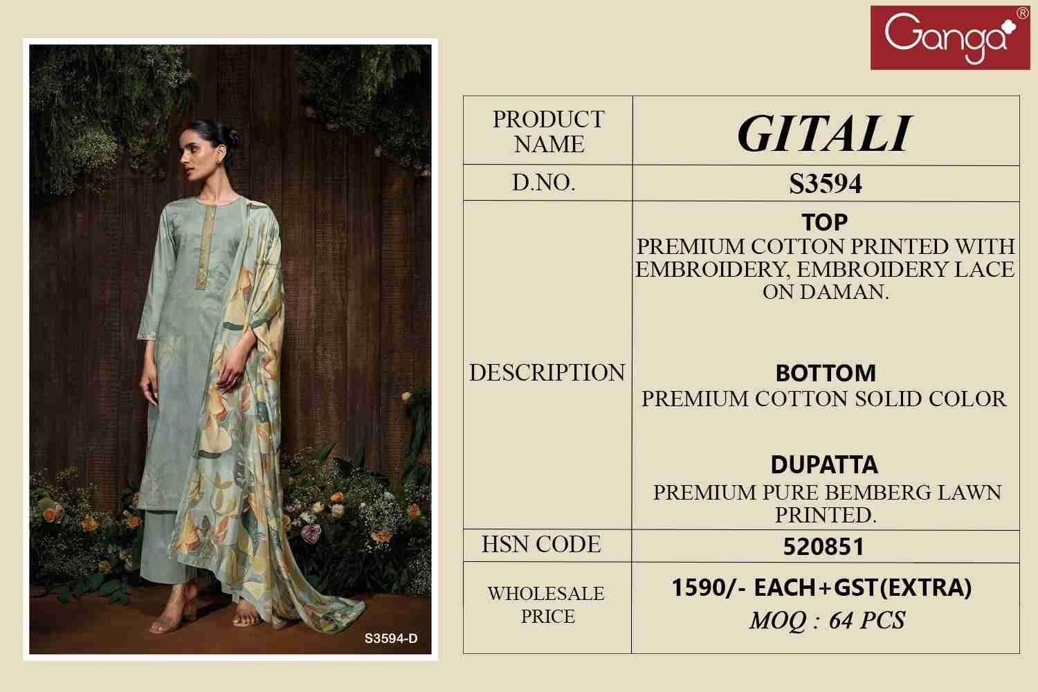 Gitali-3594 By Ganga Fashion 3594-A To 3594-D Series Beautiful Festive Suits Colorful Stylish Fancy Casual Wear & Ethnic Wear Pure Cotton Dresses At Wholesale Price