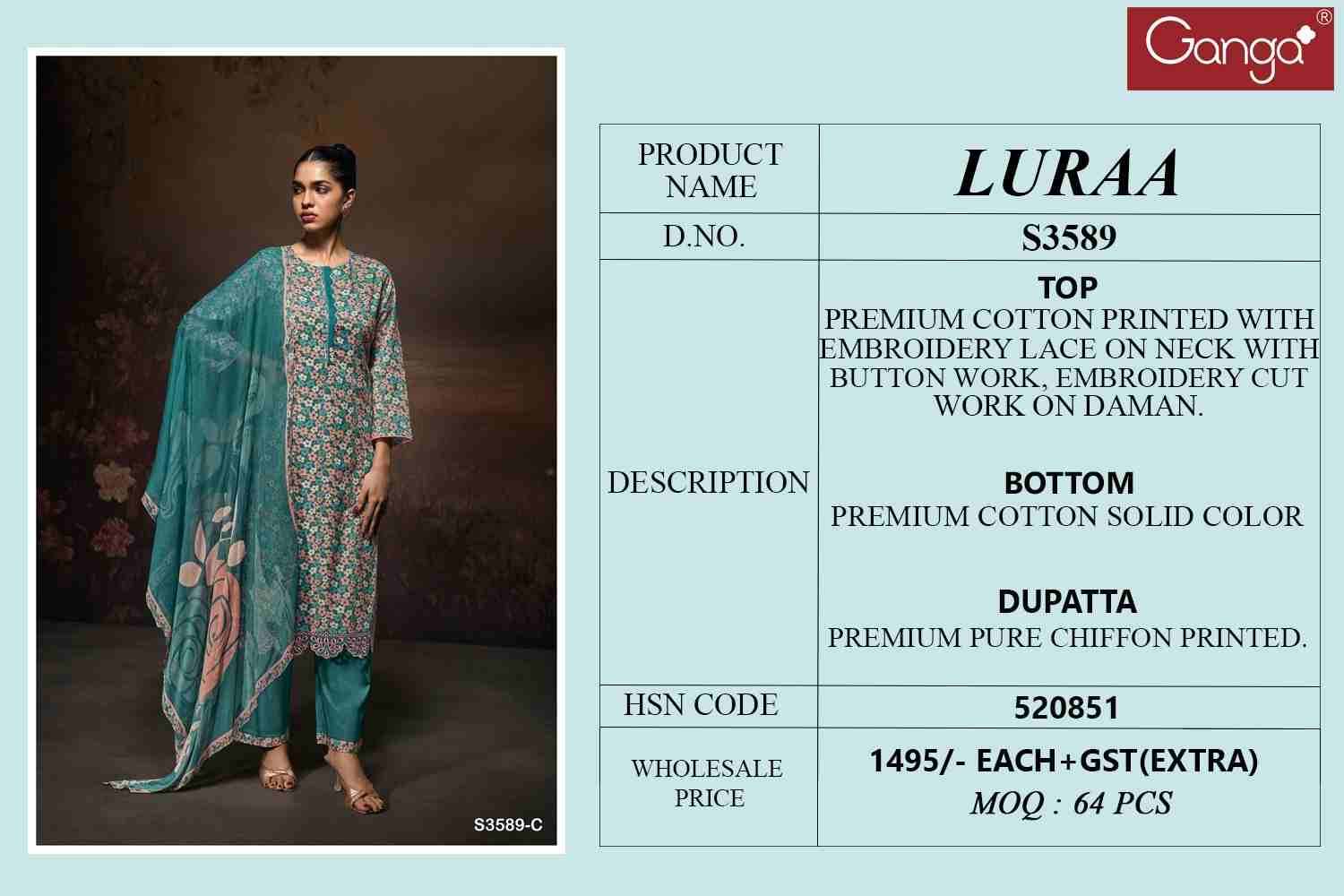 Luraa-3589 By Ganga Fashion 3589-A To 3589-D Series Beautiful Festive Suits Colorful Stylish Fancy Casual Wear & Ethnic Wear Pure Cotton Dresses At Wholesale Price