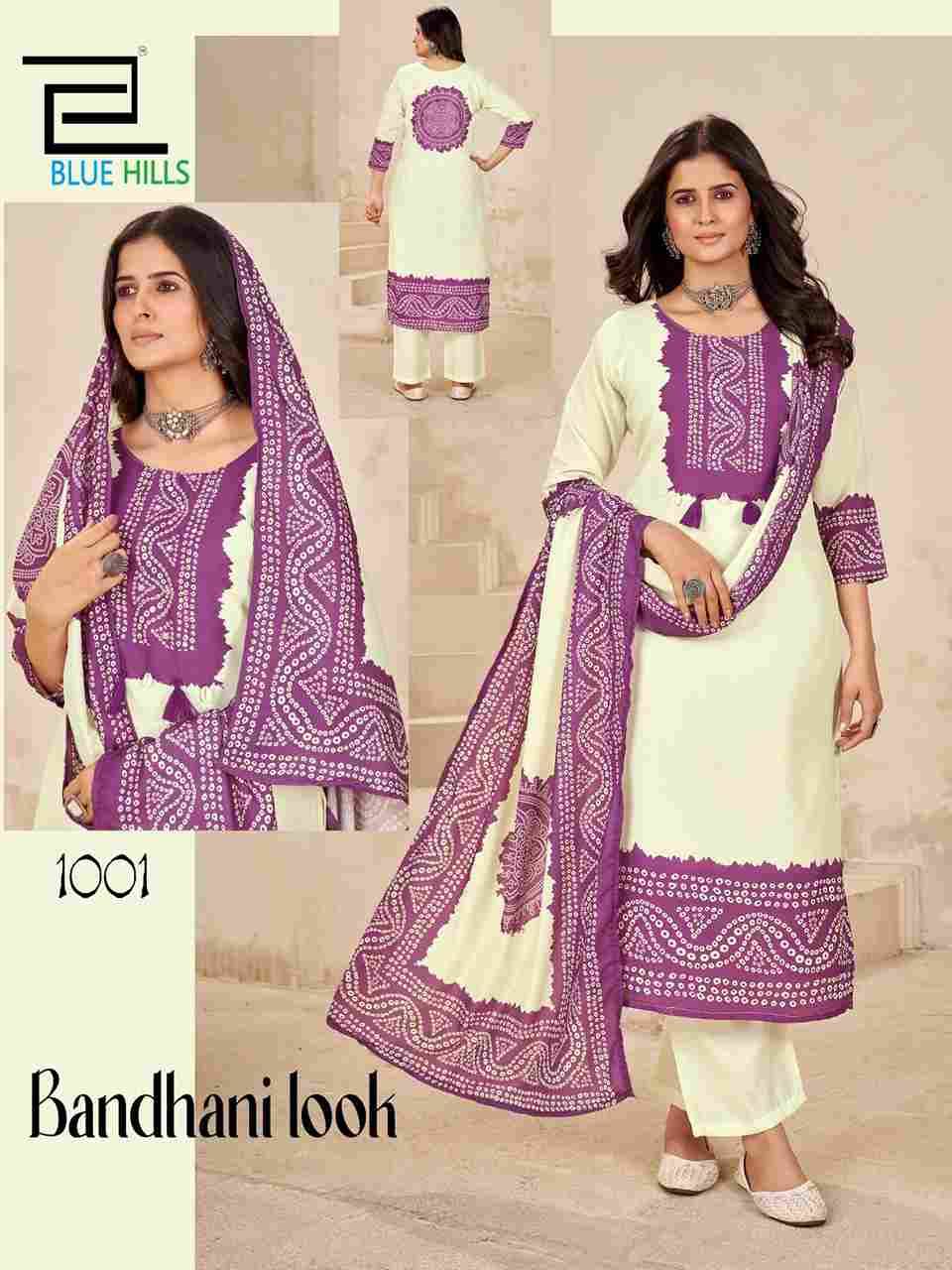 Bandhani Look By Blue Hills 1001 To 1004 Series Beautiful Festive Suits Colorful Stylish Fancy Casual Wear & Ethnic Wear Muslin With Work Dresses At Wholesale Price