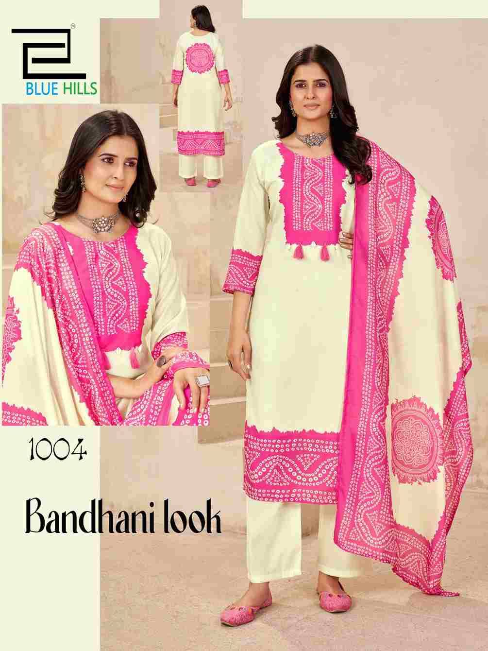 Bandhani Look By Blue Hills 1001 To 1004 Series Beautiful Festive Suits Colorful Stylish Fancy Casual Wear & Ethnic Wear Muslin With Work Dresses At Wholesale Price