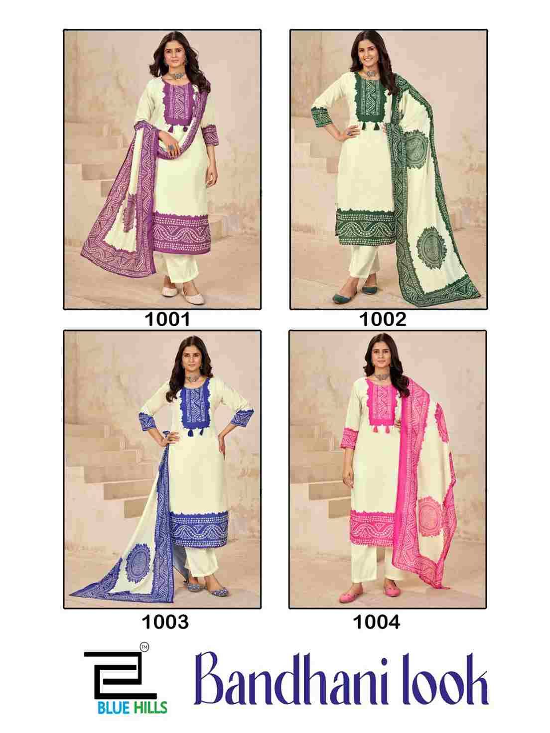 Bandhani Look By Blue Hills 1001 To 1004 Series Beautiful Festive Suits Colorful Stylish Fancy Casual Wear & Ethnic Wear Muslin With Work Dresses At Wholesale Price