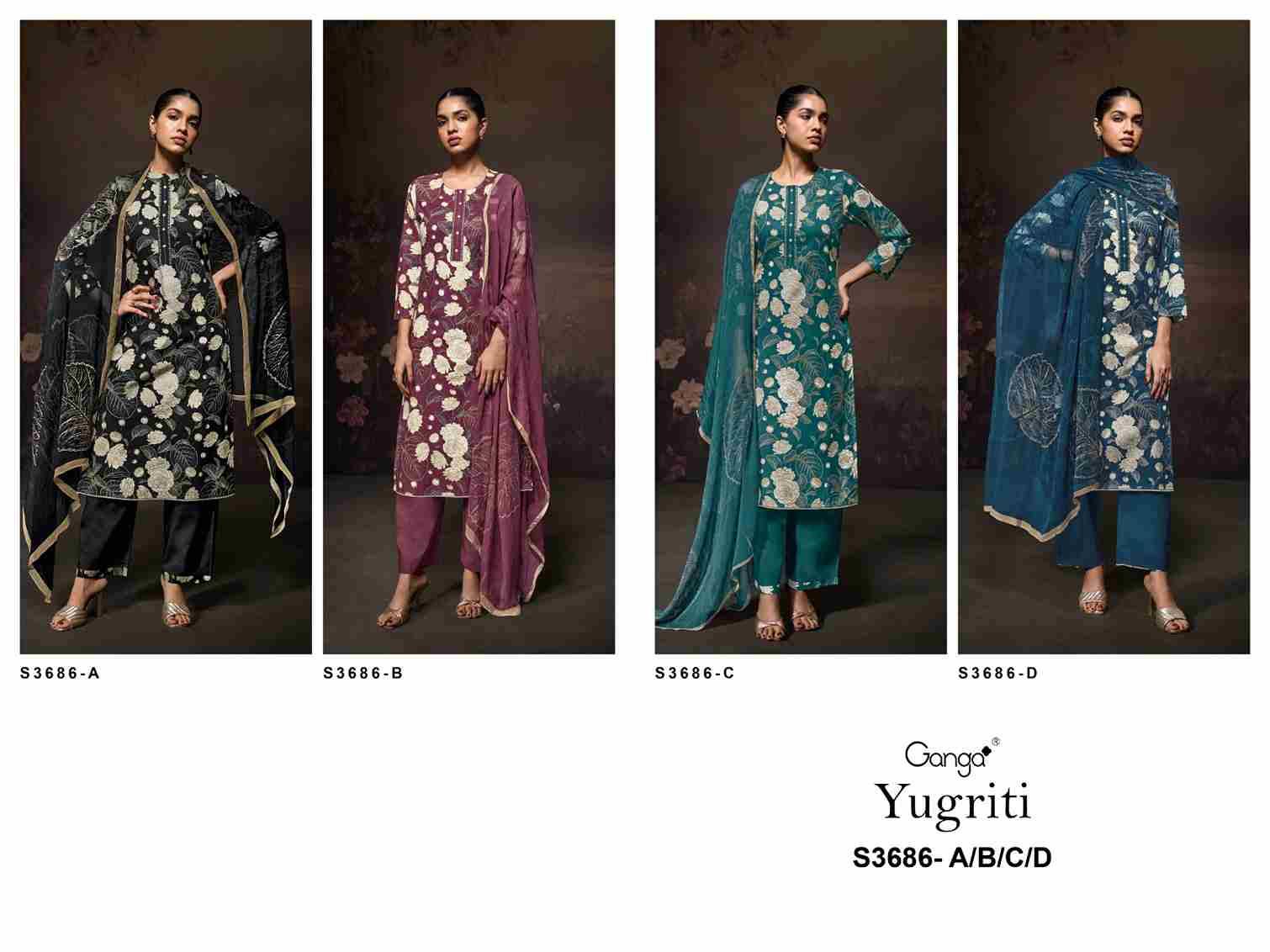 Yugriti-3686 By Ganga Fashion 3686-A To 3686-D Series Beautiful Festive Suits Colorful Stylish Fancy Casual Wear & Ethnic Wear Pure Cotton Dresses At Wholesale Price