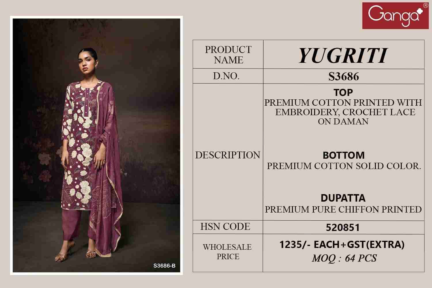 Yugriti-3686 By Ganga Fashion 3686-A To 3686-D Series Beautiful Festive Suits Colorful Stylish Fancy Casual Wear & Ethnic Wear Pure Cotton Dresses At Wholesale Price