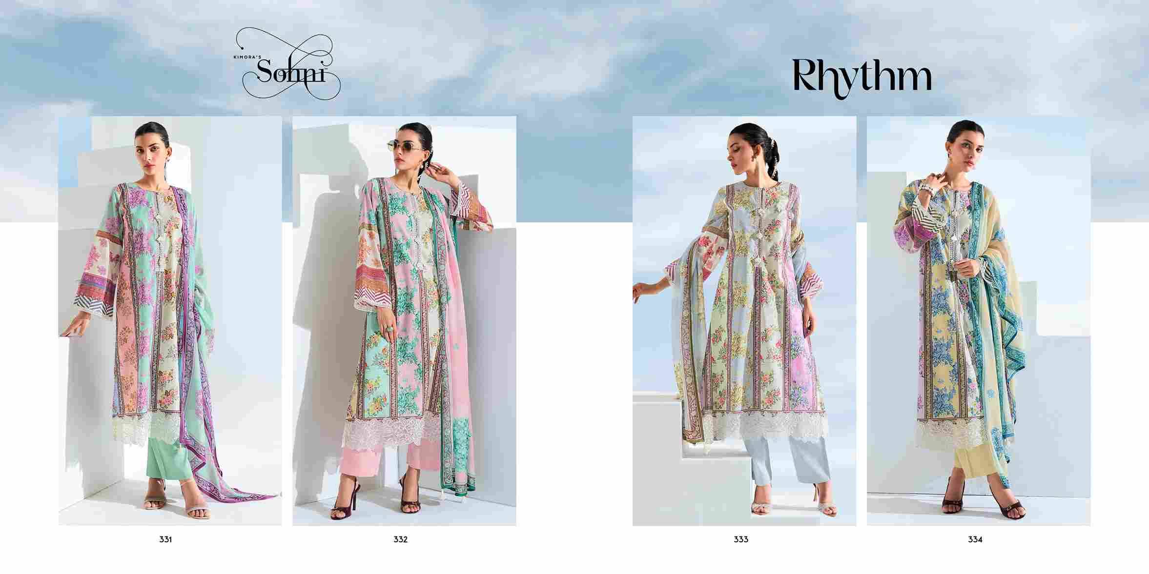 Rhythm By Sohni 331 To 334 Series Beautiful Suits Colorful Stylish Fancy Casual Wear & Ethnic Wear Pure Cotton Lawn Embroidery Dresses At Wholesale Price