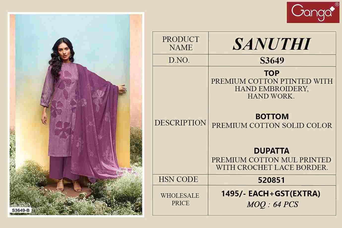 Sanuthi-3649 By Ganga Fashion 3649-A To 3649-D Series Beautiful Festive Suits Colorful Stylish Fancy Casual Wear & Ethnic Wear Pure Cotton Dresses At Wholesale Price