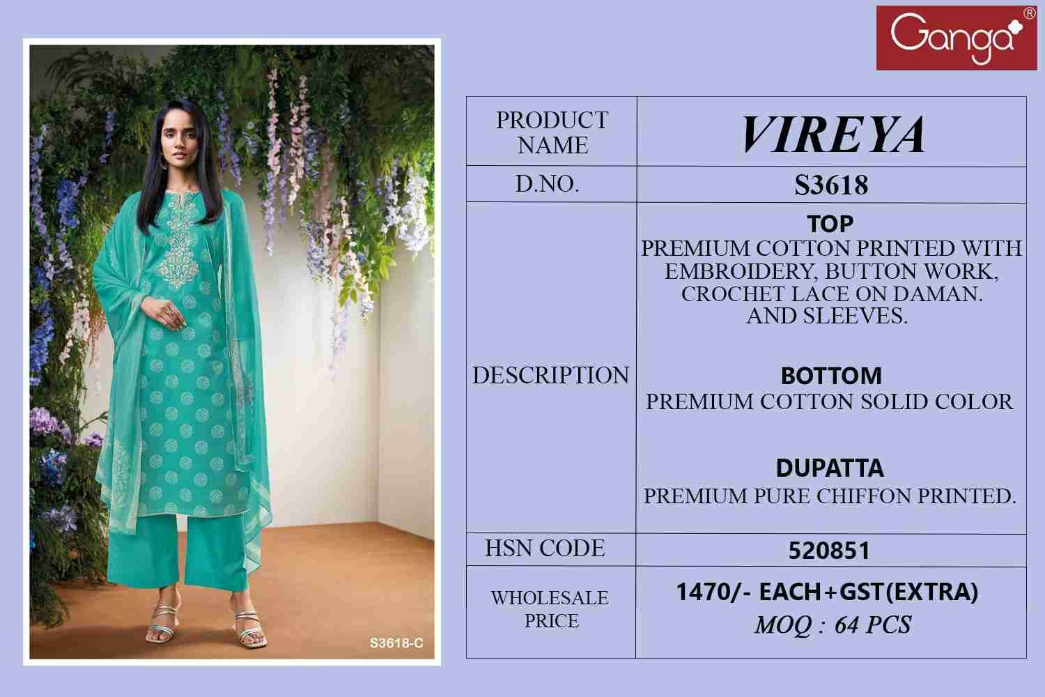 Vireya-3618 By Ganga Fashion 3618-A To 3618-D Series Beautiful Festive Suits Colorful Stylish Fancy Casual Wear & Ethnic Wear Pure Cotton Dresses At Wholesale Price