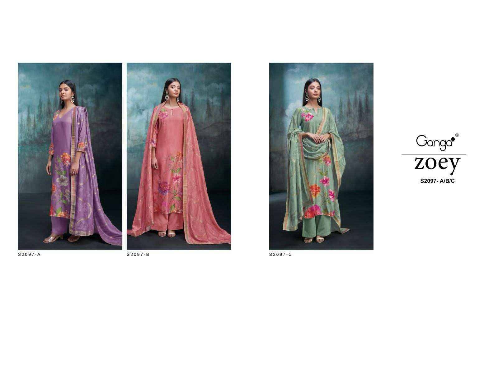 Zoey-2097 By Ganga Fashion 2097-A To 2097-C Series Beautiful Festive Suits Colorful Stylish Fancy Casual Wear & Ethnic Wear Bemberg Silk Dresses At Wholesale Price