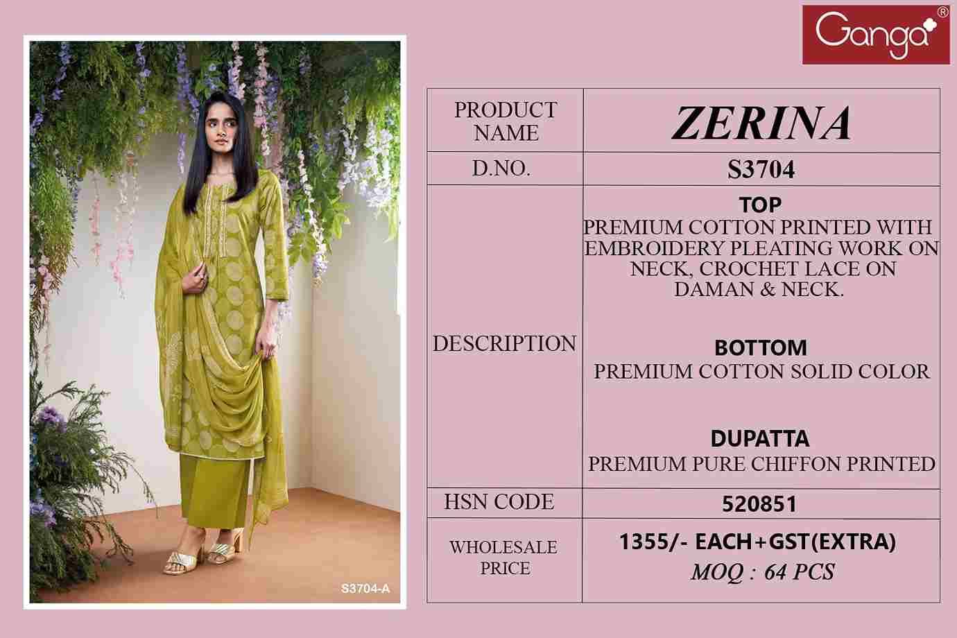 Zerina-3704 By Ganga Fashion 3704-A To 3704-D Series Beautiful Festive Suits Colorful Stylish Fancy Casual Wear & Ethnic Wear Premium Cotton Dresses At Wholesale Price