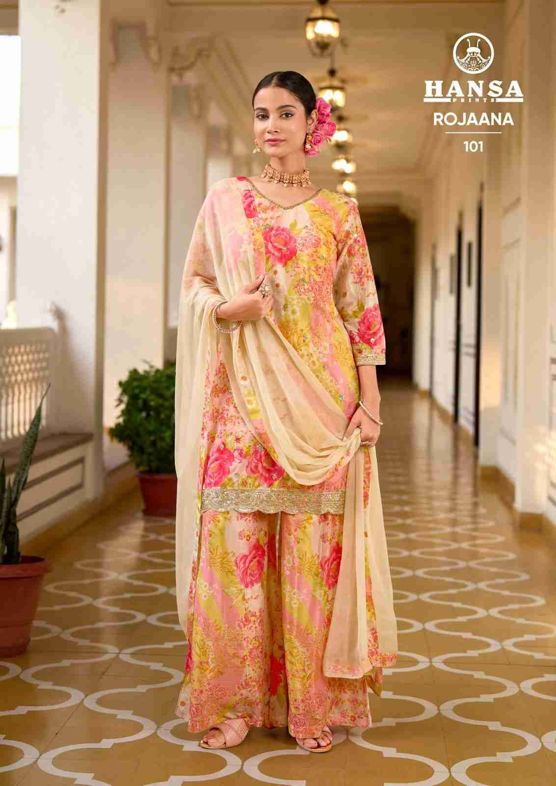 Rojaana By Hansa Prints 101 To 104 Series Beautiful Festive Suits Colorful Stylish Fancy Casual Wear & Ethnic Wear Chinnon Print Dresses At Wholesale Price