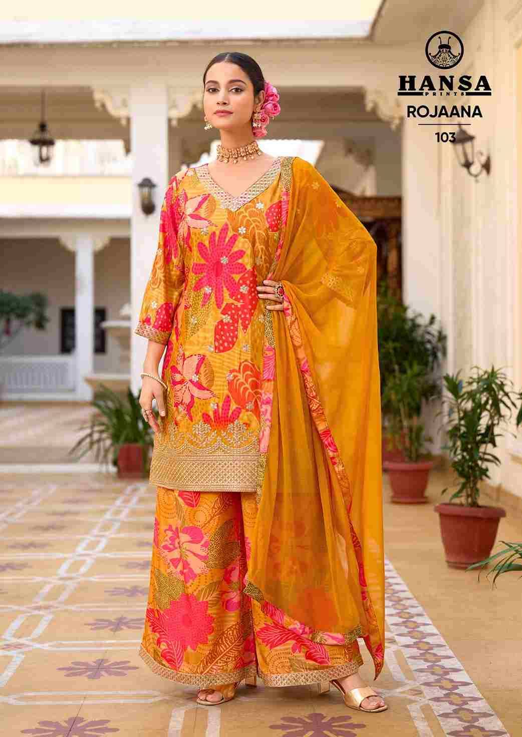 Rojaana By Hansa Prints 101 To 104 Series Beautiful Festive Suits Colorful Stylish Fancy Casual Wear & Ethnic Wear Chinnon Print Dresses At Wholesale Price