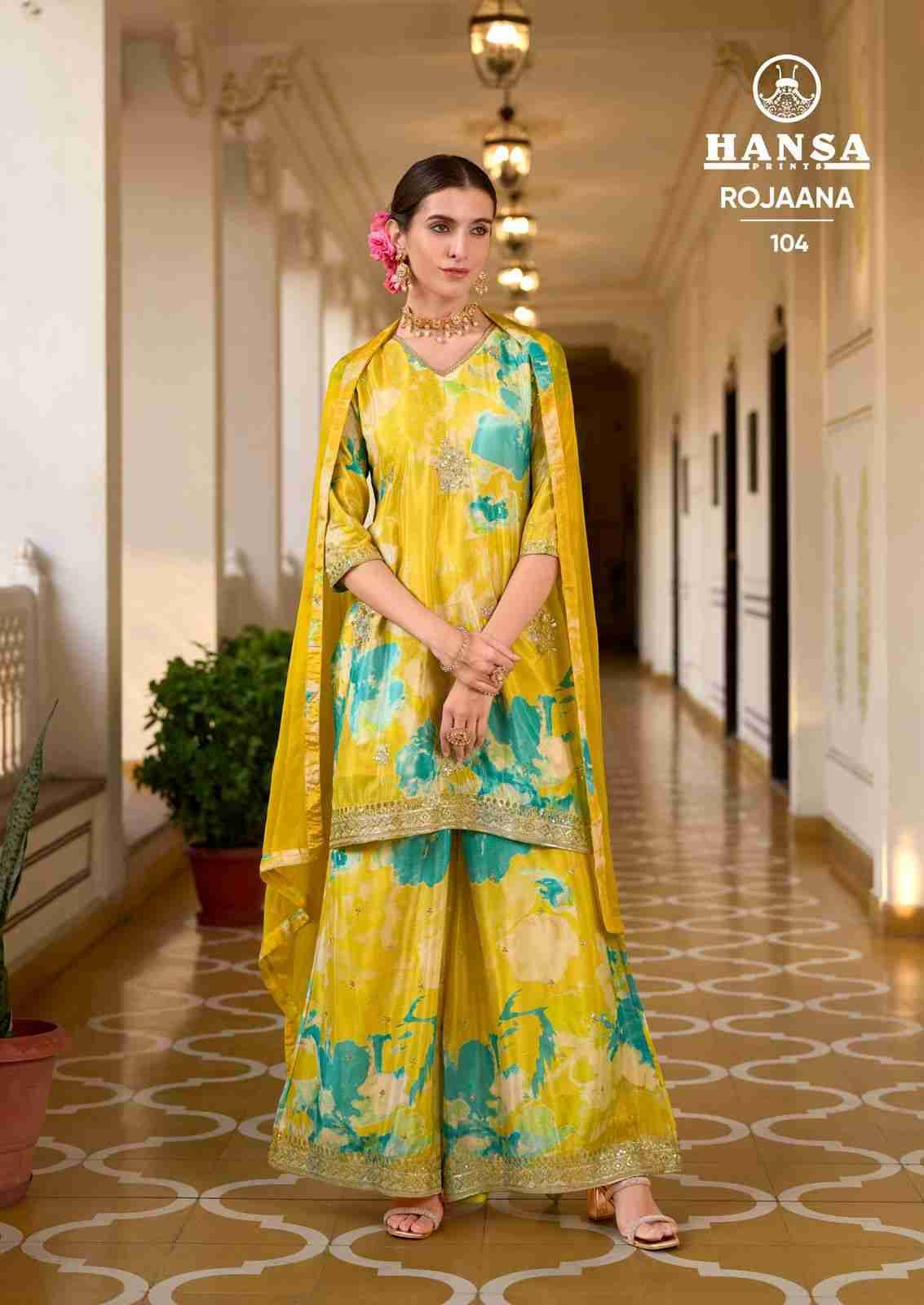 Rojaana By Hansa Prints 101 To 104 Series Beautiful Festive Suits Colorful Stylish Fancy Casual Wear & Ethnic Wear Chinnon Print Dresses At Wholesale Price