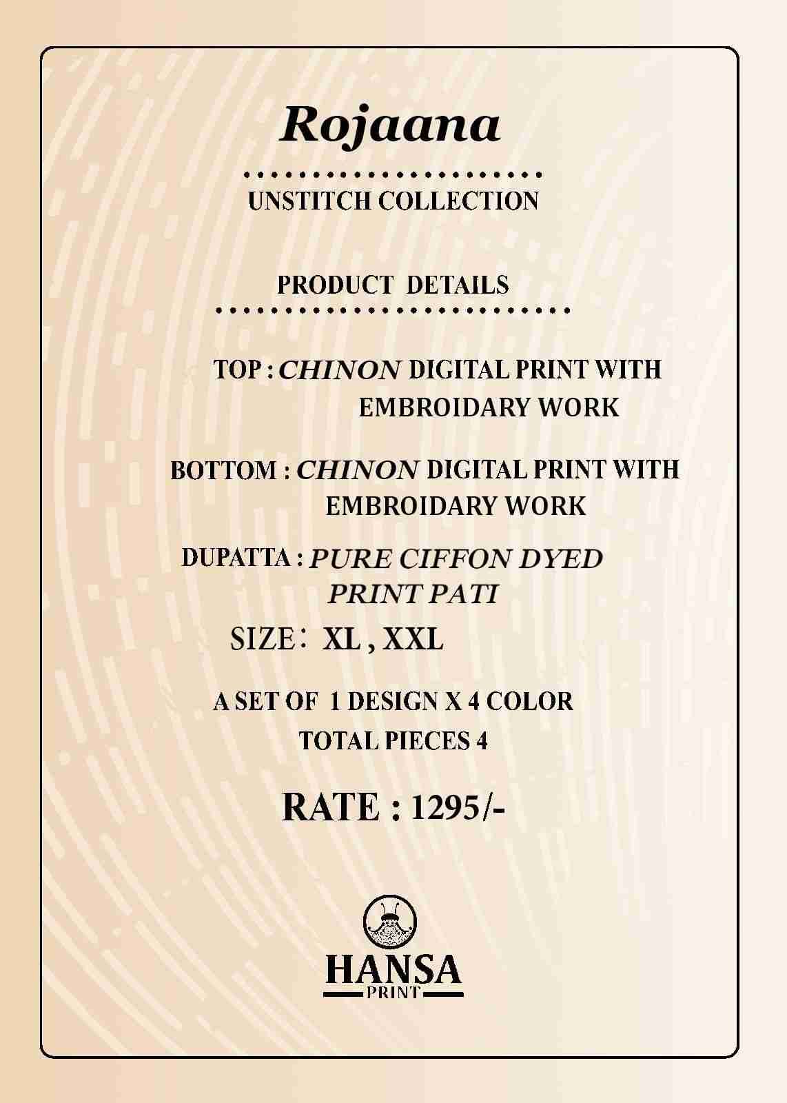 Rojaana By Hansa Prints 101 To 104 Series Beautiful Festive Suits Colorful Stylish Fancy Casual Wear & Ethnic Wear Chinnon Print Dresses At Wholesale Price