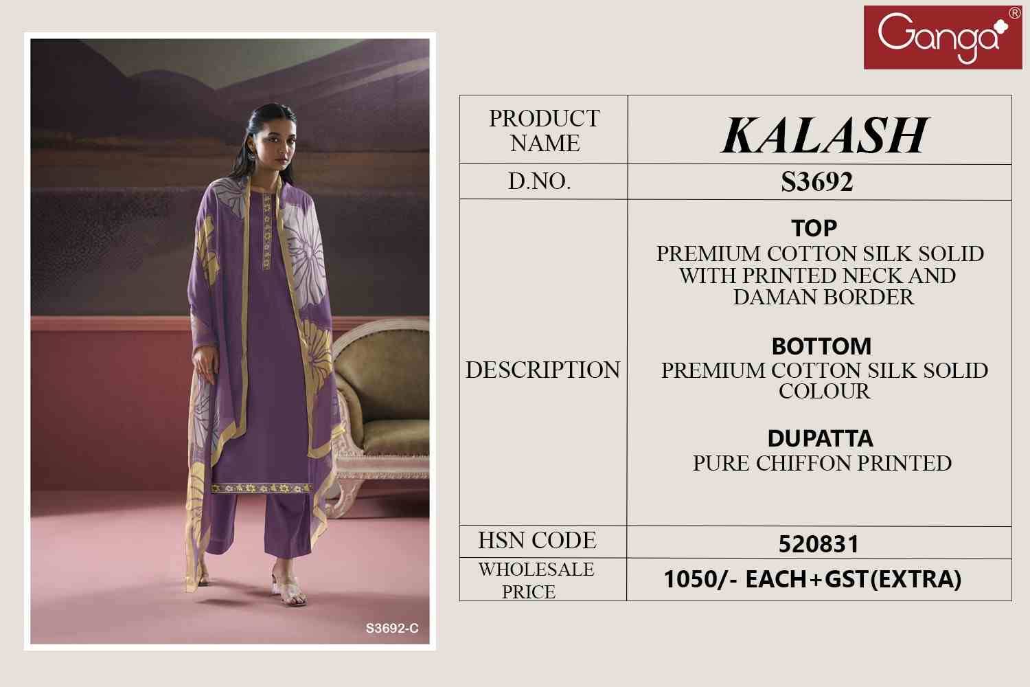 Kalash-3692 By Ganga Fashion 3692-A To 3692-D Series Beautiful Festive Suits Colorful Stylish Fancy Casual Wear & Ethnic Wear Pure Cotton Silk Dresses At Wholesale Price
