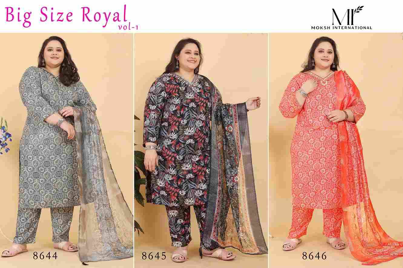 Big Size Royal Vol-1 By Moksh International 8644 To 8646 Series Beautiful Stylish Festive Suits Fancy Colorful Casual Wear & Ethnic Wear & Ready To Wear Rayon Print Dresses At Wholesale Price