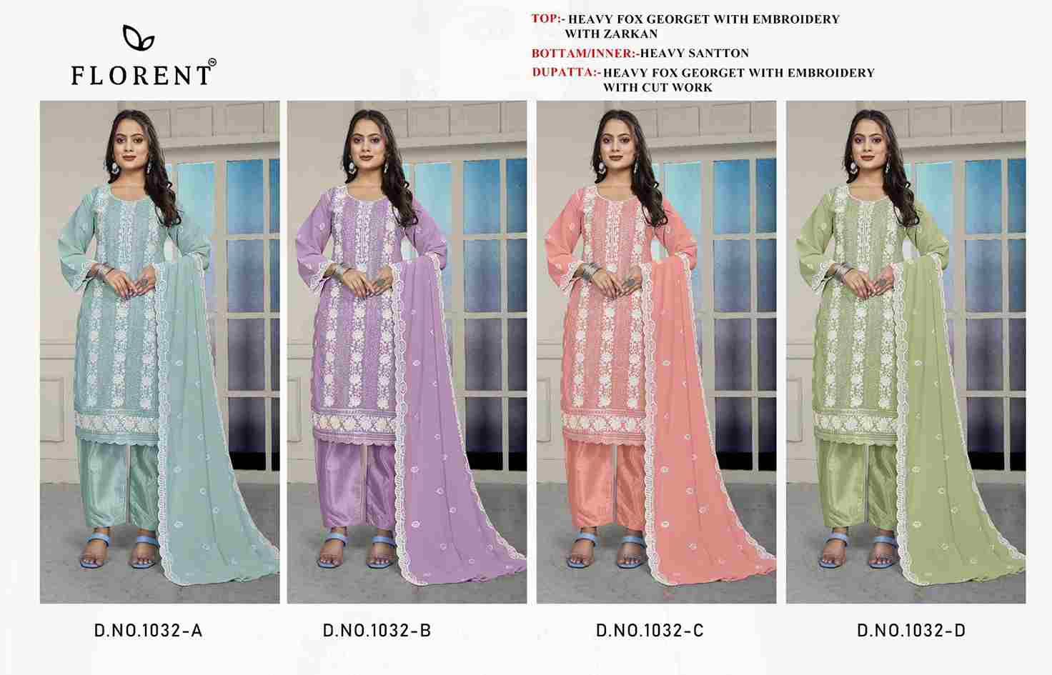 Florent 1032 Colours By Fashid Wholesale 1032-A To 1032-D Series Beautiful Pakistani Suits Stylish Fancy Colorful Party Wear & Occasional Wear Faux Georgette Dresses At Wholesale Price
