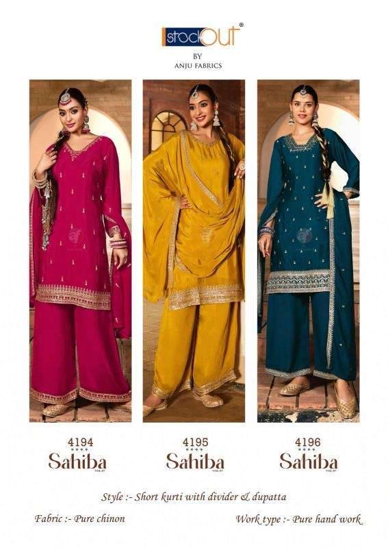 Sahiba Vol-7 By Anju Fabrics 4191 To 4196 Series Designer Festive Suits Collection Beautiful Stylish Fancy Colorful Party Wear & Occasional Wear Chinnon Dresses At Wholesale Price