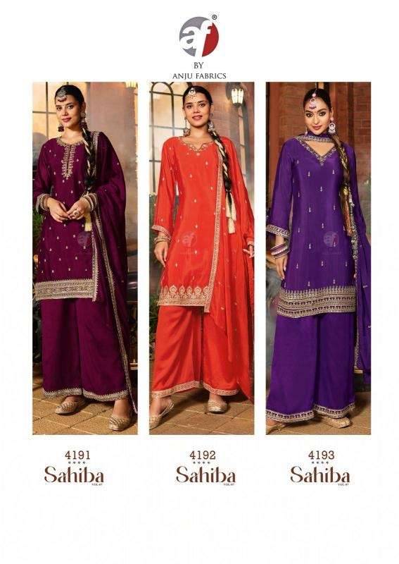 Sahiba Vol-7 By Anju Fabrics 4191 To 4196 Series Designer Festive Suits Collection Beautiful Stylish Fancy Colorful Party Wear & Occasional Wear Chinnon Dresses At Wholesale Price