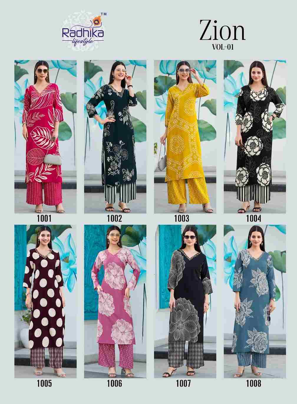 Zion Vol-1 By Radhika Lifestyle 1001 To 1008 Series Designer Stylish Fancy Colorful Beautiful Party Wear & Ethnic Wear Collection Pure Rayon Kurtis With Bottom At Wholesale Price