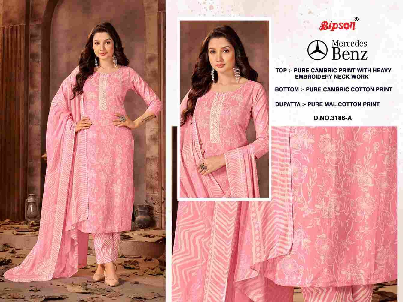 Mercedes Benz-3186 By Bipson 3186-A To 3186-D Series Beautiful Stylish Festive Suits Fancy Colorful Casual Wear & Ethnic Wear & Ready To Wear Pure Cambric Print With Embroidered Dresses At Wholesale Price